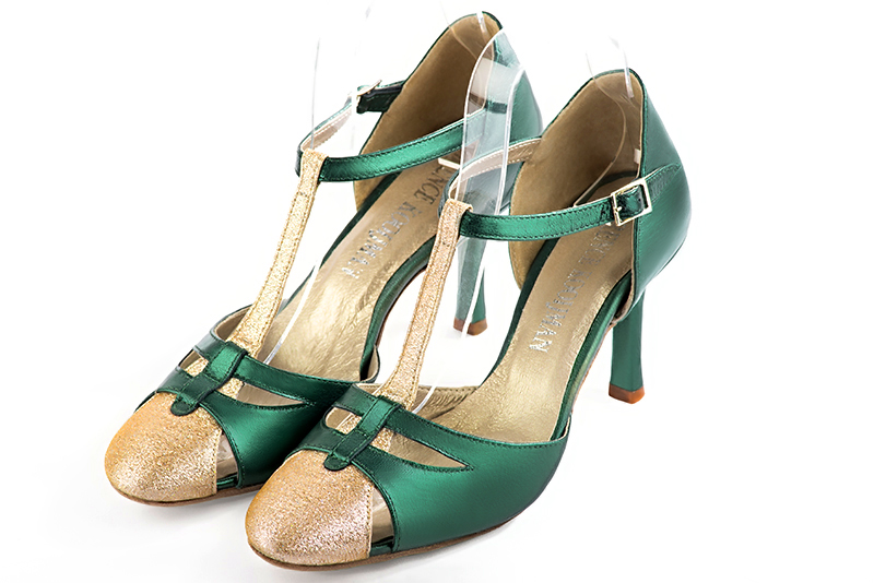 Gold and emerald green women's T-strap open side shoes. Round toe. High slim heel. Front view - Florence KOOIJMAN